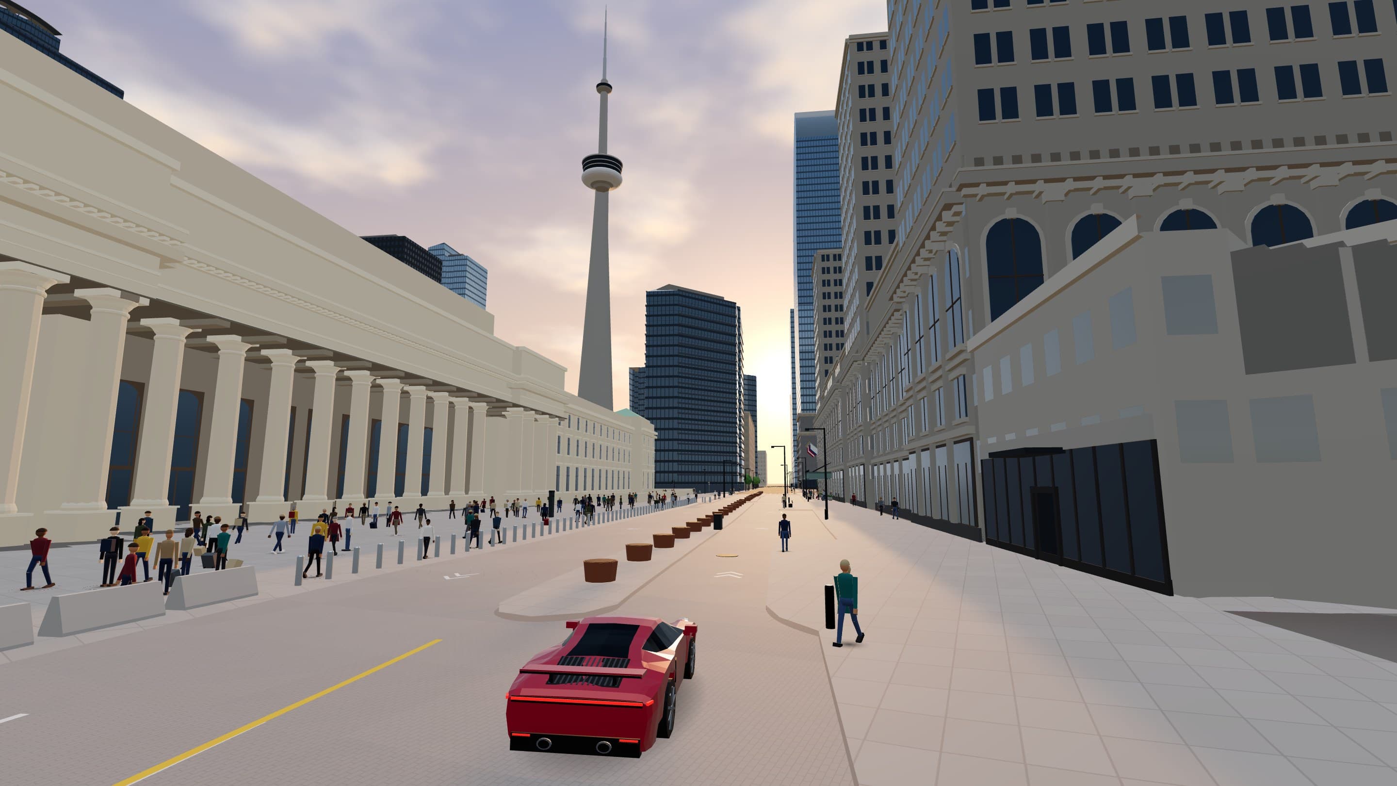 Front Street at golden hour, from behind the red 911, Union Station on the left and the CN Tower ahead.