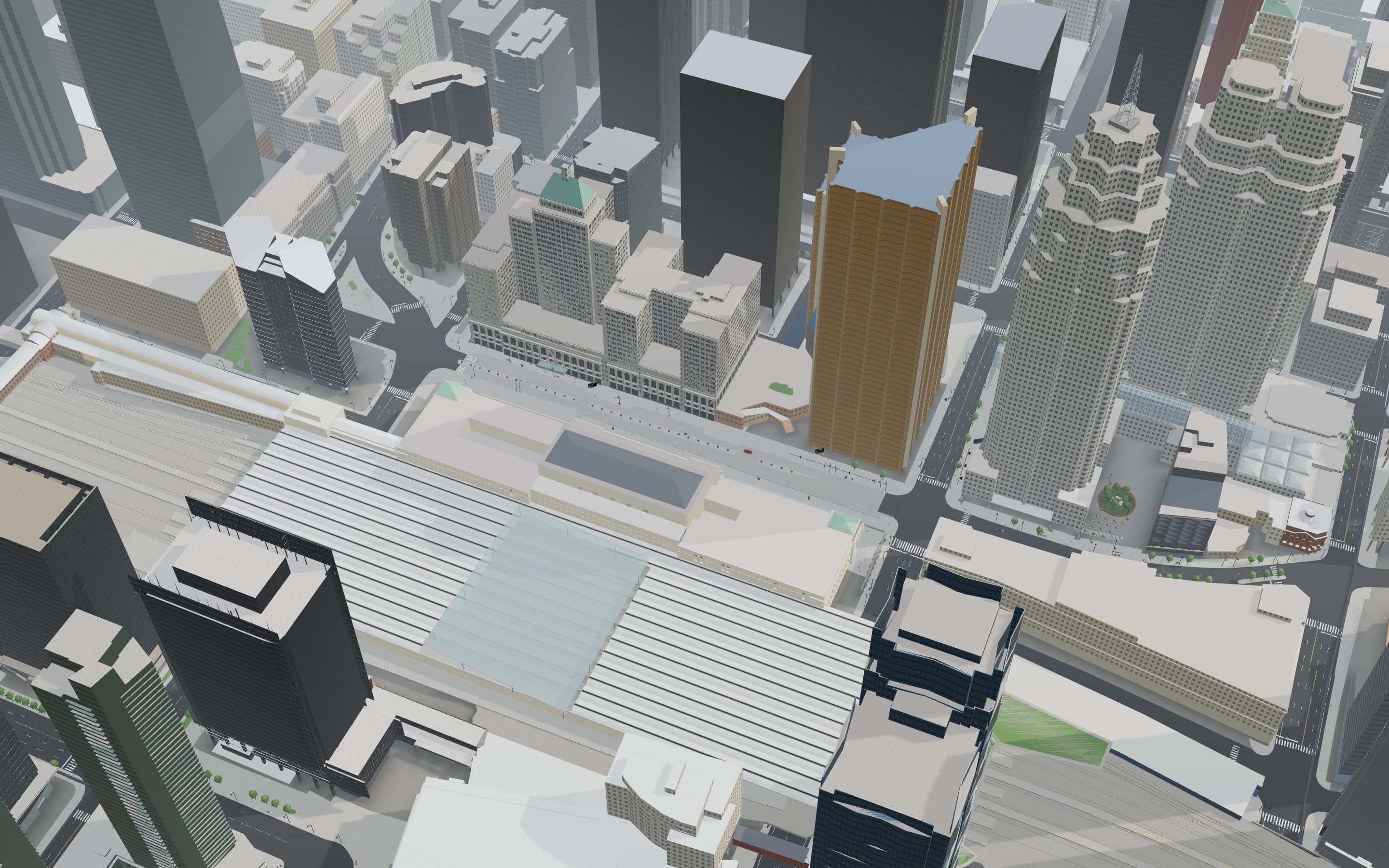 The model from above: Union Station's train shed, the Royal York, Royal Bank Plaza's gold tower and Front Street.